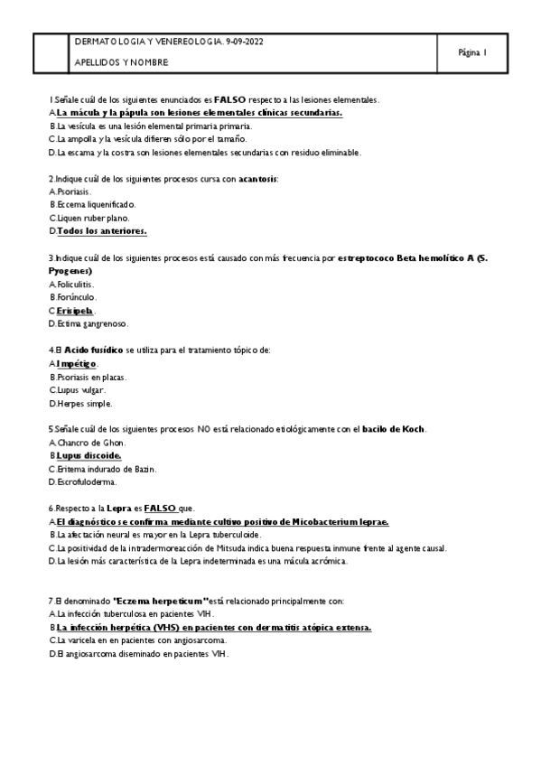 Miniatura del documento Examen derma sept-2022 CON respuestas