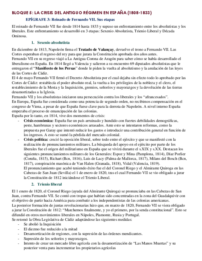 Miniatura del documento BLOQUE 5. EPIGRAFE 3. El reinado de Fernando-VII: liberalismo frente a absolutismo. El proceso de independencia de las colonias americanas.docx
