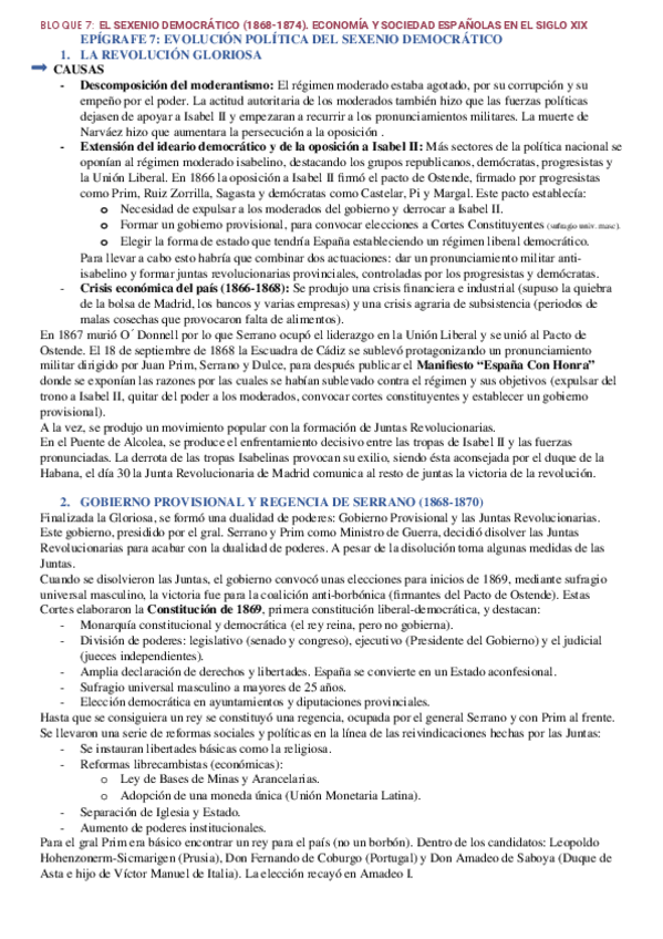Miniatura del documento BLOQUE 7. EPIGRAFE 7. El Sexenio Democrático (1868-1874): la constitución de 1869. Evolución política: gobierno provisional, reinado de Amadeo de Saboya y Primera República.docx