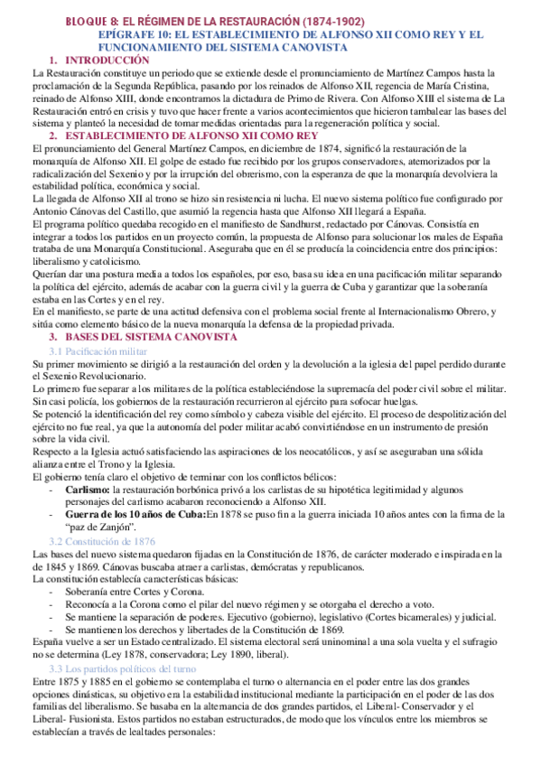 Miniatura del documento BLOQUE 8. EPIGRAFE 10. La Restauración Borbónica (1874-1902): Cánovas del Castillo y el turno de partidos. La Constitución de 1876.docx