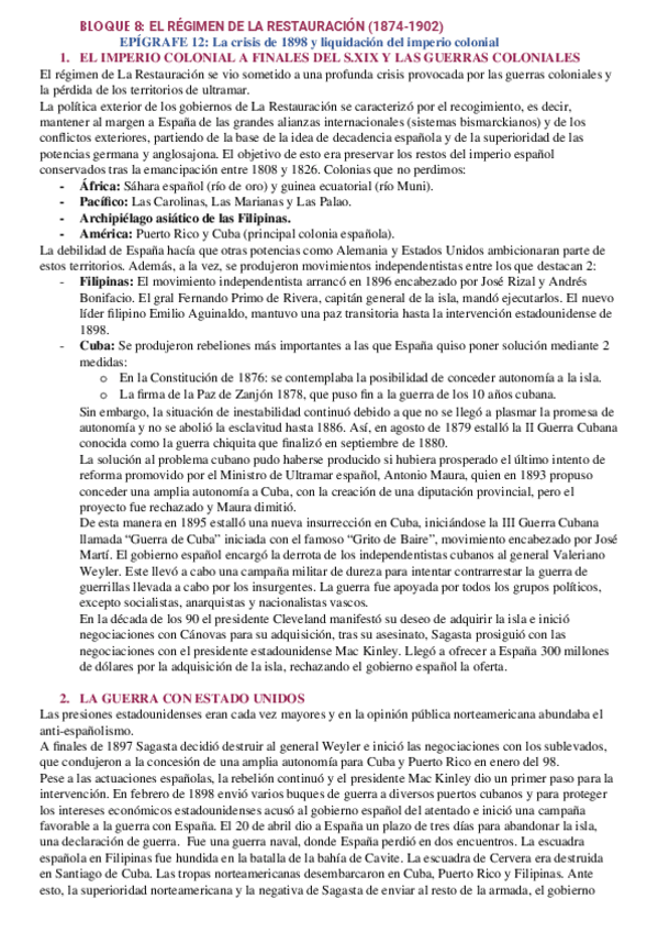 Miniatura del documento BLOQUE 8. EPIGRAFE 12. El problema de Cuba y la guerra entre España y Estados Unidos. La crisis de 1898 y sus consecuencias económicas, políticas e ideológicas.docx