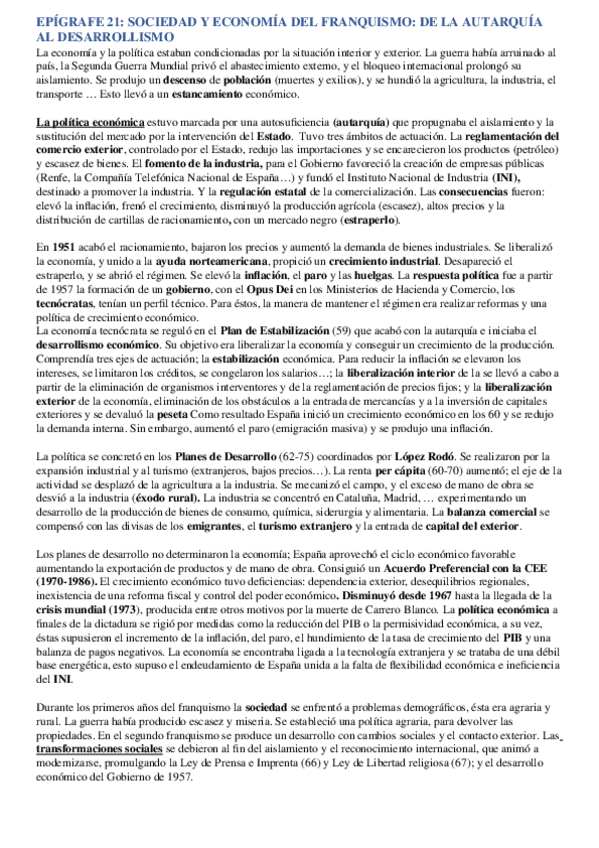 Miniatura del documento BLOQUE 11. EPIGRAFE 21. Política económica del franquismo: de la autarquía al desarrollismo. Transformaciones sociales: causas y evolución..docx