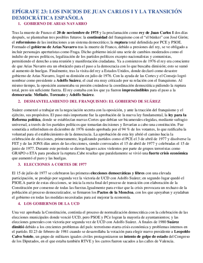 Miniatura del documento BLOQUE 12. EPIGRAFE 23. La transición: alternativas políticas tras la muerte de Franco. Gobierno de Adolfo Suárez. El Estado de las Autonomías. El terrorismo durante la Transición..docx