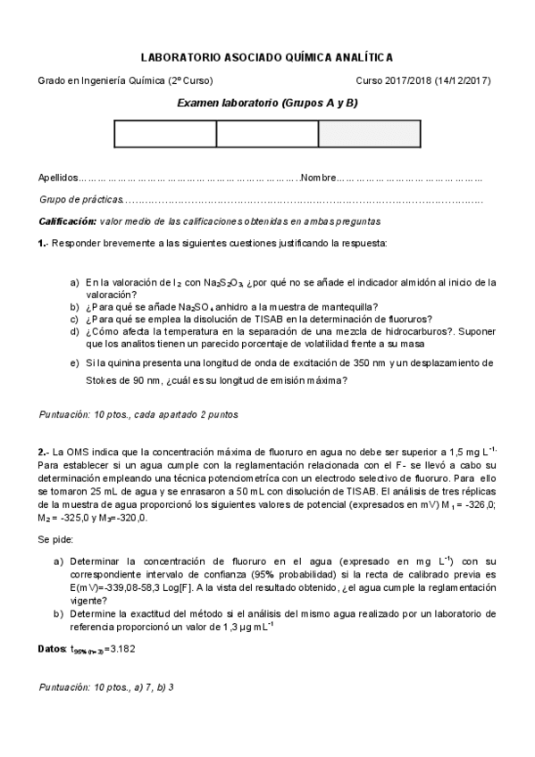 Miniatura del documento Examen laboratorio Química Analítica