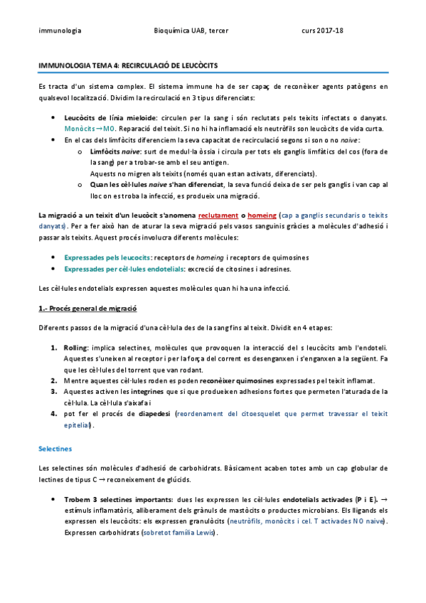Miniatura del documento IMMUNOLOGIA TEMA 4 - RECIRCULACIÓ DE LIMFÒCITS.pdf