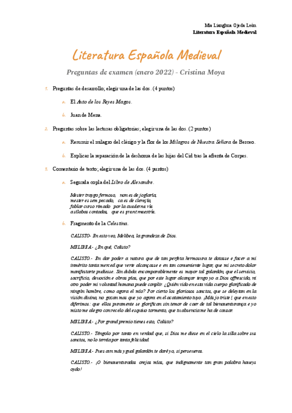 Miniatura del documento Examen enero 2022 - Literatura Española Medieval.pdf