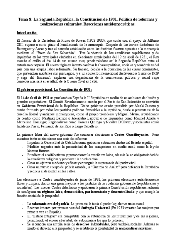 Miniatura del documento Tema-8-historia-de-Espana-LA-SEGUNDA-REPÚBLICA-LA-CONSTITUCIÓN-DEL-1931.-Politica-de-reformas-y-realizaciones-culturales.-Reacciones-antidemocraticas..pdf