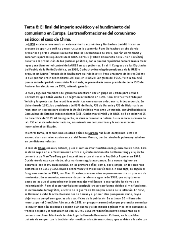 Miniatura del documento Tema 8. El final del imperio soviético y el hundimiento del comunismo en Europa. Las transformaciones del comunismo asiático el caso de China..pdf