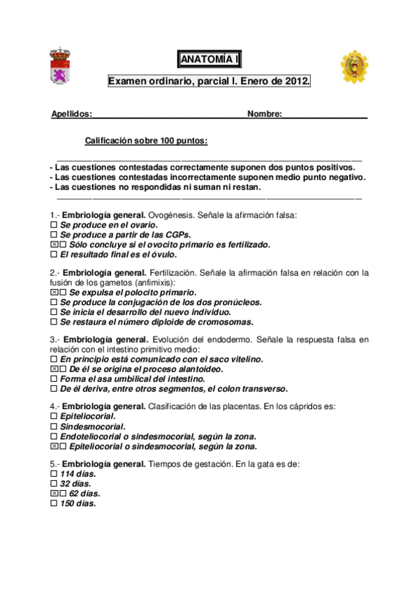 Miniatura del documento Examen 1º parcial Anatomía (respuestas) Ene 2012.pdf