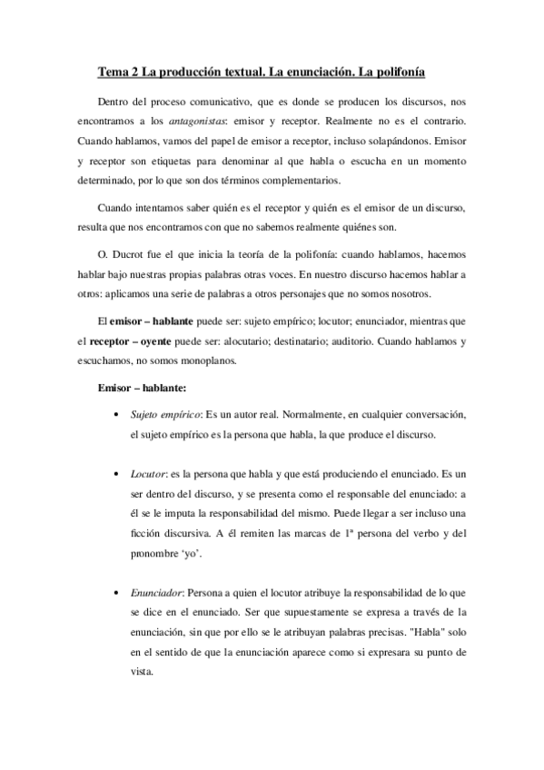 Miniatura del documento Tema 2 La producción textual. La enunciación. La polifonía.docx