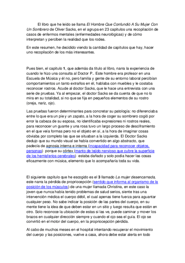 Miniatura del documento Resumen Libro "El Hombre Que Confundió A Su Mujer Con Un Sombrero" Oliver Sacks.pdf
