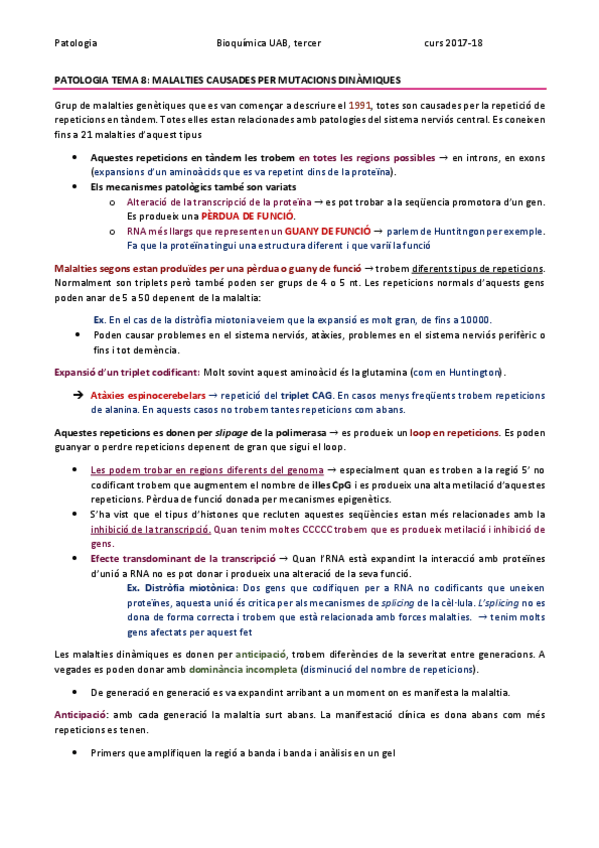 Miniatura del documento PATOLOGIA TEMA 8 - MALALTIES CAUSADES PER MUTACIONS DINÀMIQUES.pdf