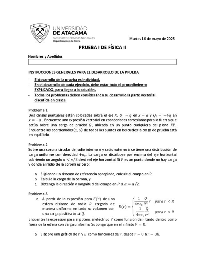 Miniatura del documento PRUEBA 1 DE FISICA II - LEY DE COULOMB Y CAMPO ELECTRICO.pdf