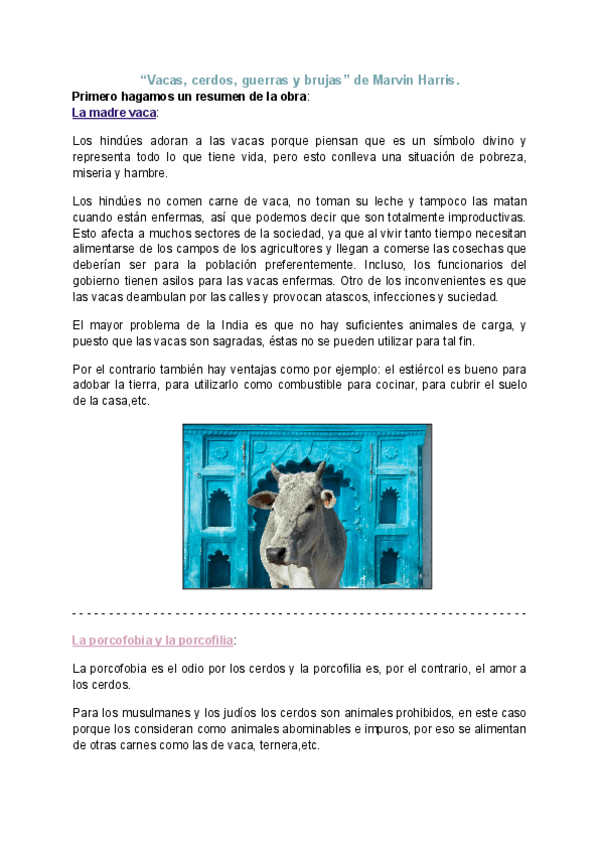 Miniatura del documento Trabajo sobre "Vacas cerdos guerras y brujas" de Marvin Harris (1er curso 1er semestre).pdf