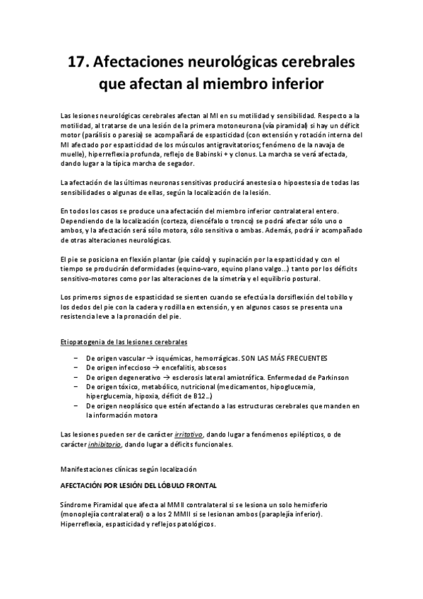 Miniatura del documento Tema 17 Afectaciones neurológicas cerebrales que afectan al miembro inferior.pdf