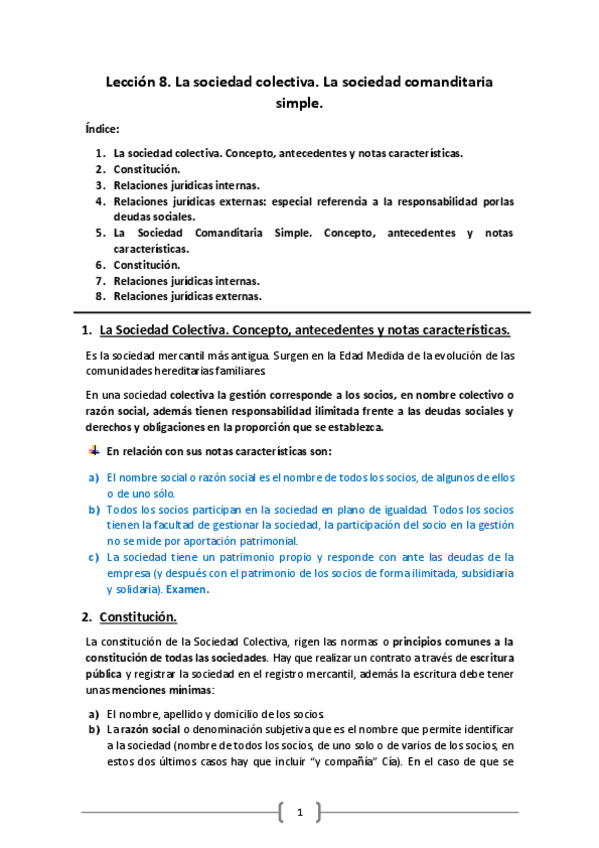 Miniatura del documento Lección 8. La sociedad colectiva. La sociedad comanditaria simple.pdf