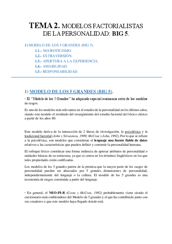 Miniatura del documento TEMA 2. Modelos Factorialistas de la Personalidad. Big 5..pdf