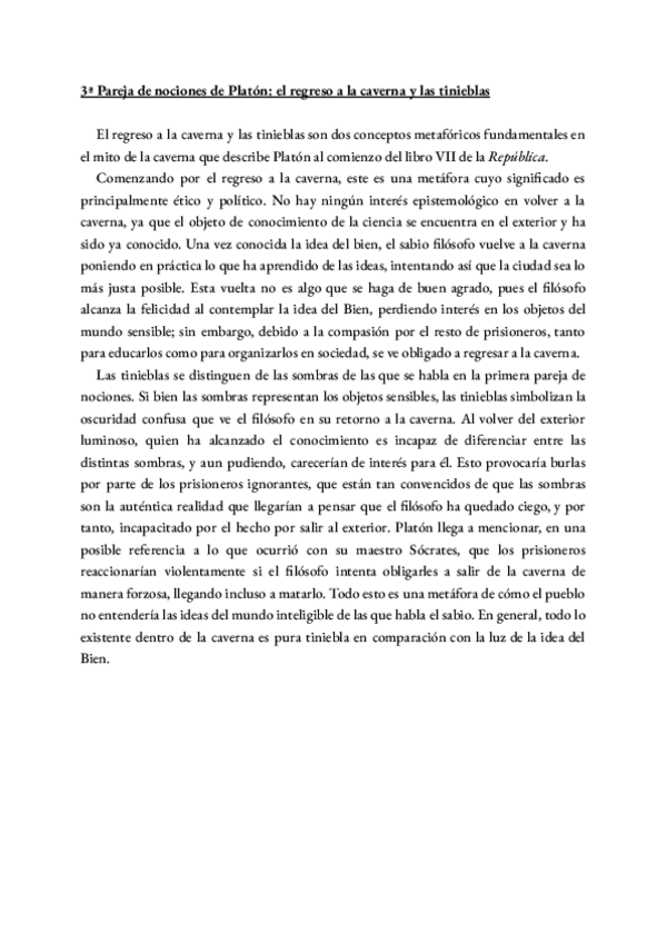 Miniatura del documento El regreso a la caverna y las tinieblas (Platón) - Pareja de nociones redactada para examen.pdf