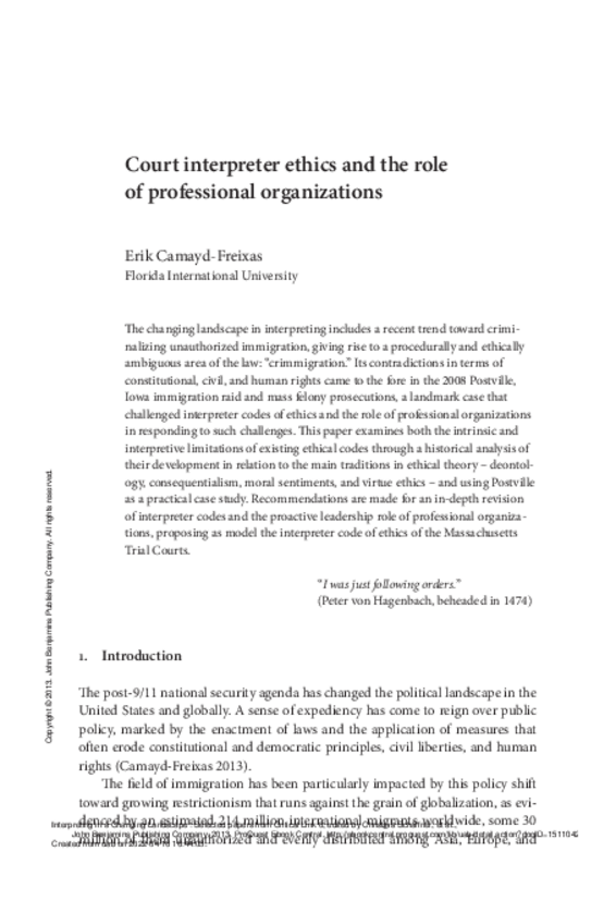 Miniatura del documento LECTURA-COMPLEMENTARIA.-Camayd-Freixas-2013-Courtinterpreterethicsandtheroleofprofessionalorganizations.pdf