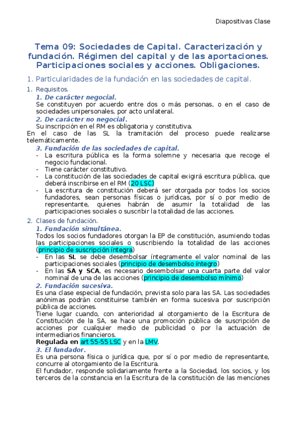 Miniatura del documento Tema09SociedadesCapitalCaracterizacionFundacionRegimenCapitalAportacionesParticipacionesAccionesObligaciones.docx