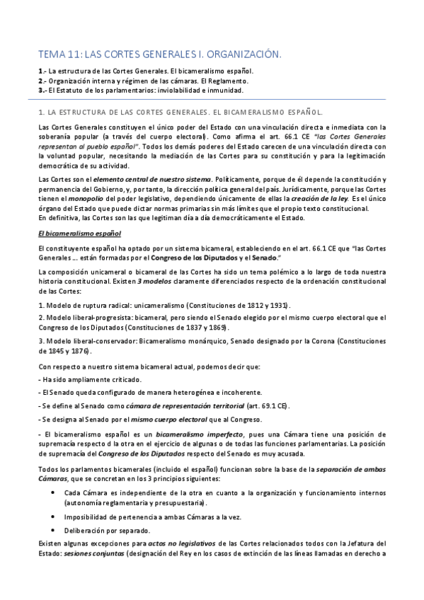 Miniatura del documento LECCIÓN 11 - El Parlamentarismo español I. Organización.pdf