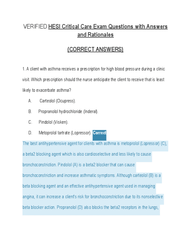 Miniatura del documento VERIFIED-HESI-Critical-Care-Exam-Questions-with-Answers-and-Rationales-CORRECT-ANSWERS.pdf