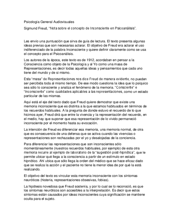 Miniatura del documento Psicología General - ( Guía de lectura + RESUMEN ) - Sigmund Freud - Nota sobre el concepto de Inconsciente en Psicoanálisis.pdf