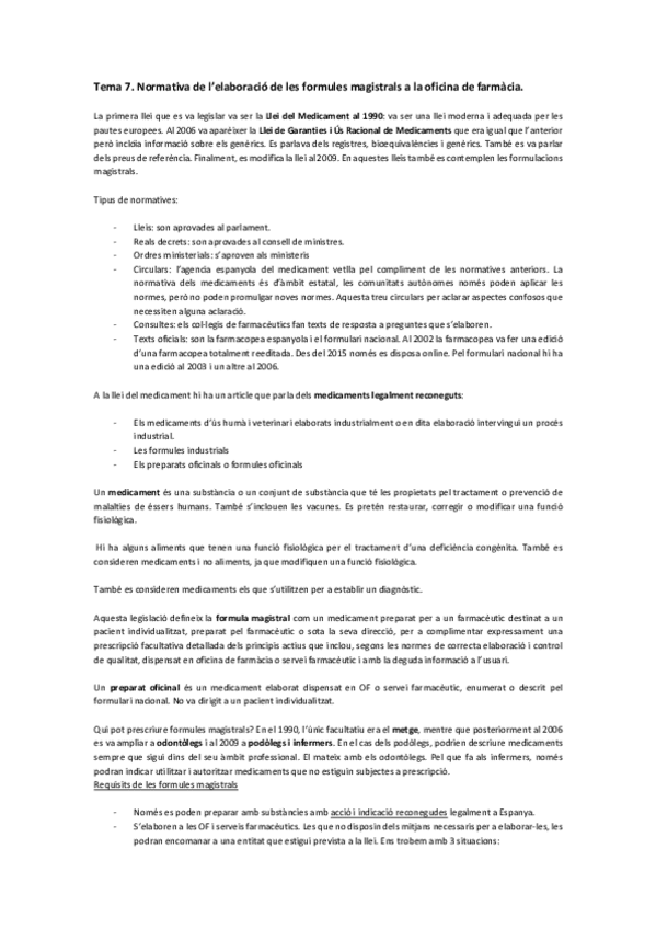 Miniatura del documento Tema 7. Normativa de l’elaboració de les formules magistrals a la oficina de farmàcia. .pdf