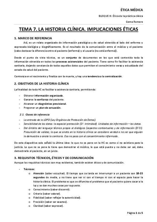 Miniatura del documento TEMA 7 ÉTICA. La historia clínica. Implicaciones éticas..pdf