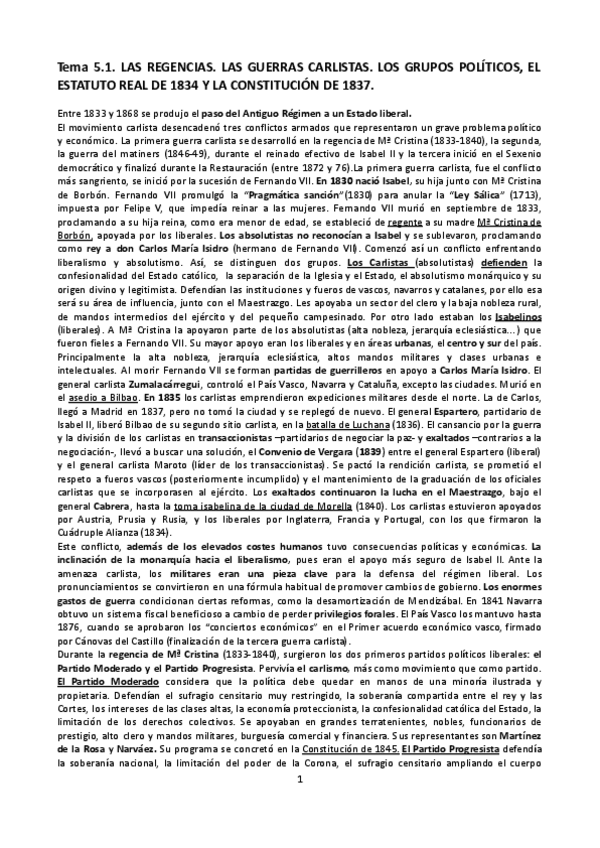 Miniatura del documento Tema-5.1.-Las-Regencias.-Las-Guerras-Carlistas.-Los-grupos-politicos-el-Estatuto-Real-de-1834-y-la-Constitucion-de-1837. Historia de España.pdf