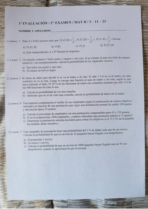 Miniatura del documento Matemáticas 2º: Examen probabilidad y distribuciones binomial y normal.pdf