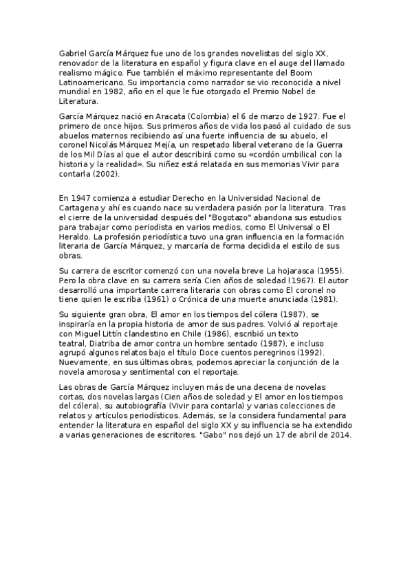 Miniatura del documento Gabriel García Márquez fue uno de los grandes novelistas del siglo XX.docx