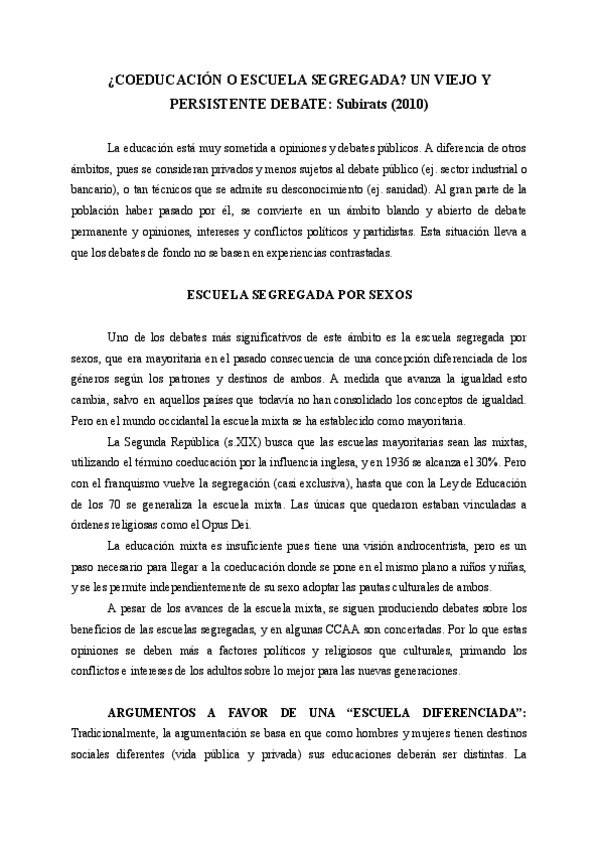 Miniatura del documento Resumen del texto "Coeducación o escuela segregada: Un viejo y persistente debate" (Subirats, 2010).pdf