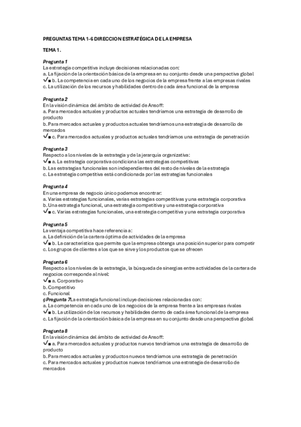 Miniatura del documento Dirección Estratégica de la empresa – UV – Preguntas Tipo Test + Soluciones Temas 1 - 5.pdf.pdf