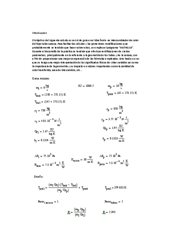 Miniatura del documento Transferencia de calor Practica 3 (Codigo Mathcad - Diseño de intercambiador de carcasa).pdf