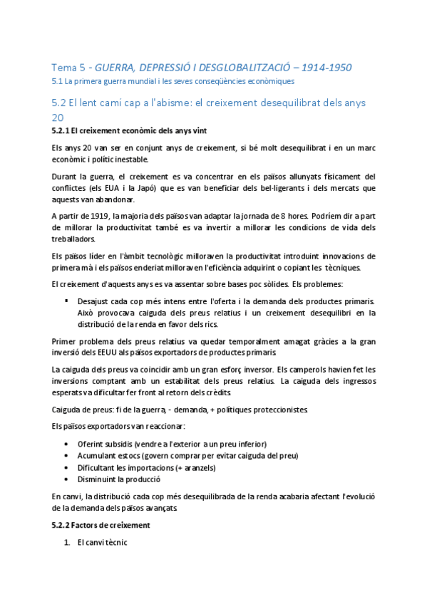 Miniatura del documento Tema 5 -  GUERRA DEPRESSIÓ I DESGLOBALITZACIÓ – 1914-1950.pdf