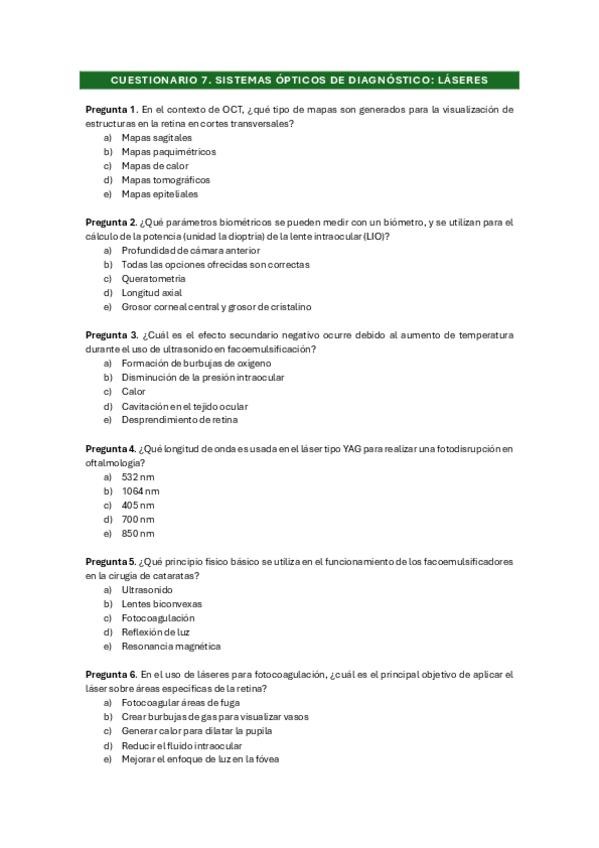 Miniatura del documento Cuestionario 7 - Sistemas ópticos de diagnóstico. Láseres.pdf