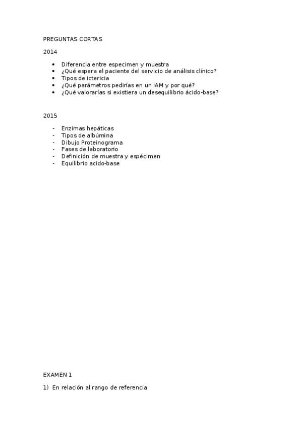 Miniatura del documento Examen BQ clínica. Examen 1 y 2 y preguntas cortas.docx