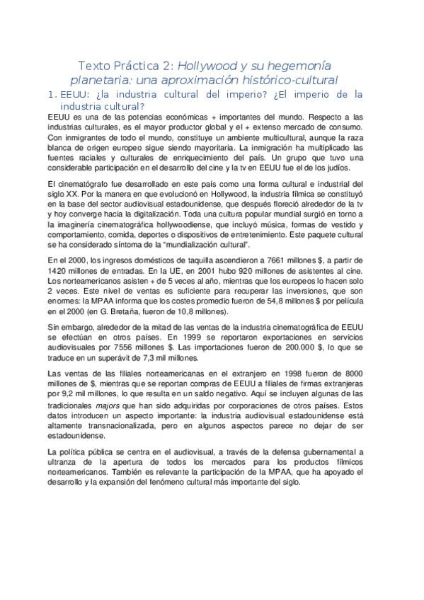 Miniatura del documento Hollywood y su hegemonía planetaria - Resumen texto.docx